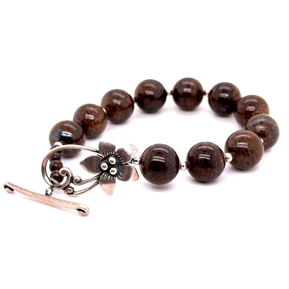Silpada Sterling Silver Bronzite Bead Floral Toggle Bracelet 8 Inch B1064